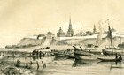 Kazan. The view of the Kremlin from the Kazanka bank. Lithograph on pale-yellow background. Image: 28 x 44 cm. Sheet: 36 x 55 cm. Author: Duran Andr; Publishers: Bourdi August Printer: Brie August Figures drawn by Raff. France
